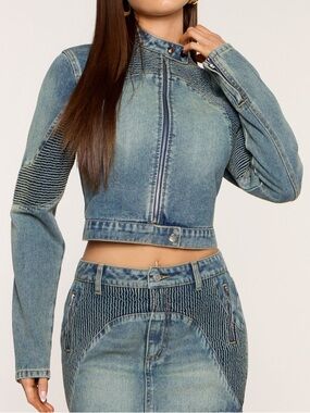 Cropped Blue Denim Moto Jacket - Women's Jeans Set Sz Small
